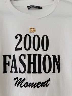 Dolce & Gabbana White Tee with Black Logo Script and Gold DG Pin